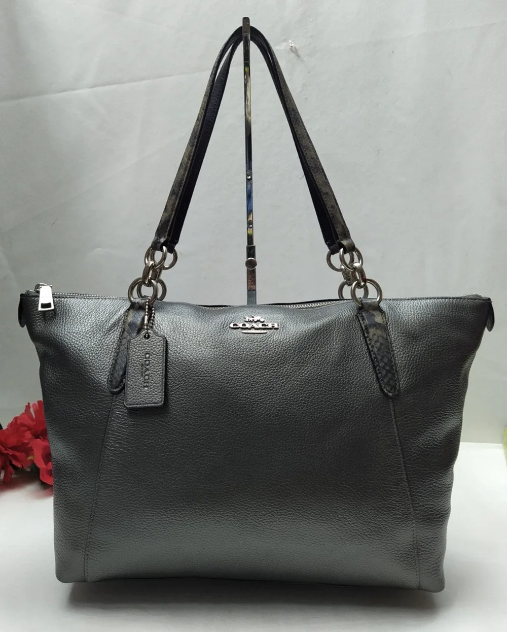 Coach Gray Leather Double Handles Zipper Closure Satchel Shoulder Bag